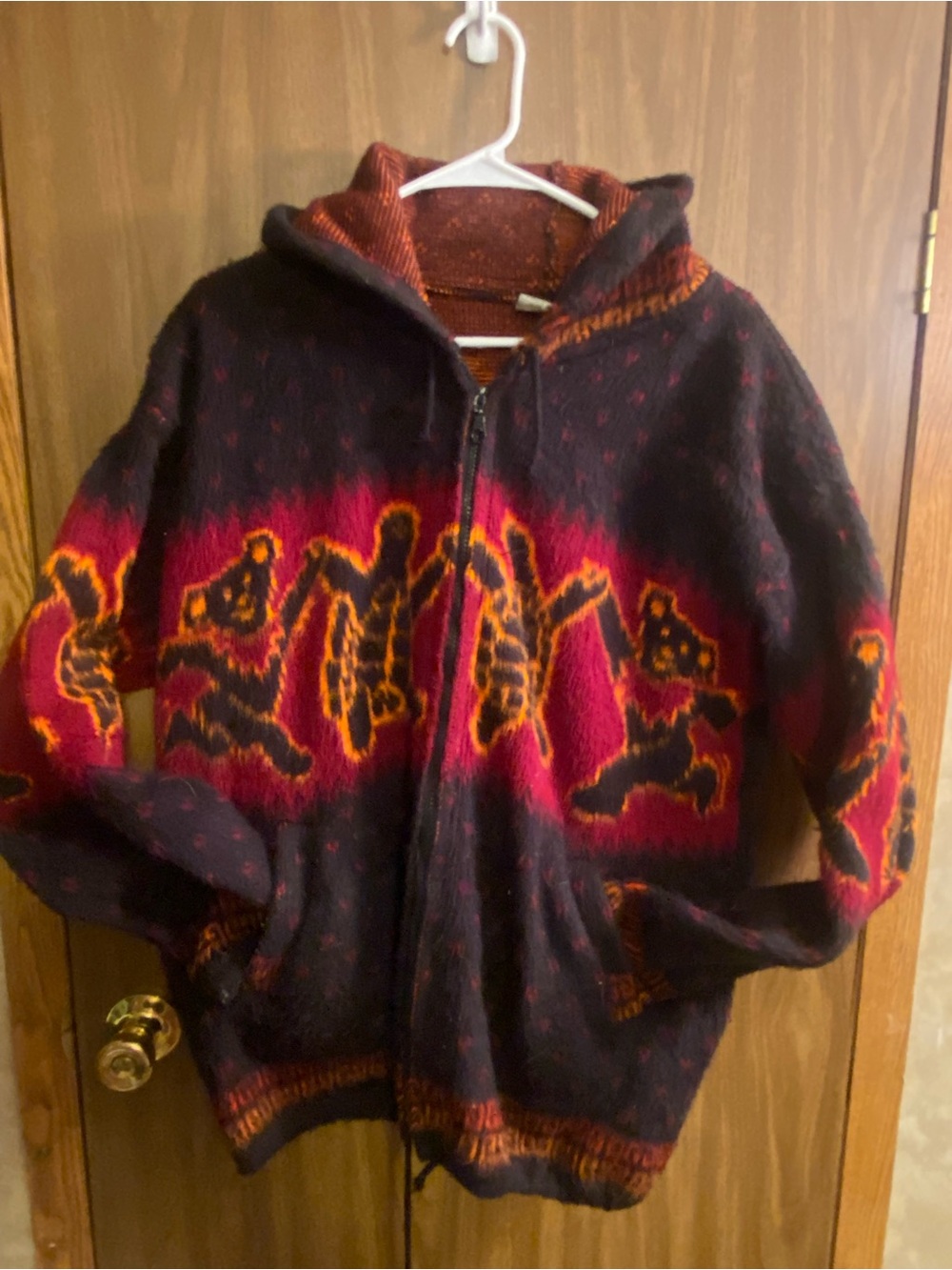 Men's Hooded Zip Sweater in Black and Red with Orange Accents